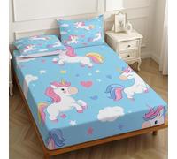 Juego de Sábanas 140 x 200 cm Unicornio con corazón de Dibujos Animados 3 Piezas Microfibra, Sábana Bajera Ajustable con 2 Fundas de Almohada, Azul para Niños y Adultos