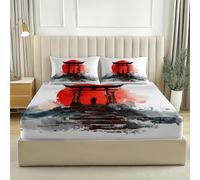 Juego de sábanas bajeras Estilo Japonés Acuarela Puerta Torii Samurái, 150 x 200 cm Microfibra Transpirable Sábanas bajeras para colchones de hasta 30 cm - Blanco Estampada acogedoras Sábana Bajera