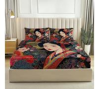 Juego de sábanas bajeras Estilo Japonés Geisha con Kimono Flores, 135 x 190 cm Microfibra Transpirable Sábanas bajeras para colchones de hasta 30 cm - Azul Oscuro Estampada acogedoras Sábana Bajera