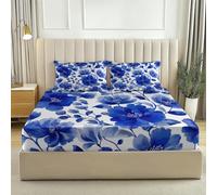 Juego de sábanas bajeras Minimalista Flores Flor Azul, 150 x 200 cm Microfibra Transpirable Sábanas bajeras para colchones de hasta 30 cm - Blanco Azul Estampada acogedoras Sábana Bajera
