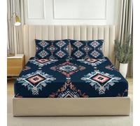 Juego de sábanas bajeras Tradicional Geometría Azteca, 150 x 200 cm Microfibra Transpirable Sábanas bajeras para colchones de hasta 30 cm - Azul Oscuro Estampada acogedoras Sábana Bajera