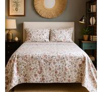 Juego de Sábanas Blancas100% Algodón Estampado Floral Verde Primavera - 3 o 4 Piezas (Bajera + Encimera + 1 o 2 Fundas de Almohada) - Suave, Transpirable y Alegre - Varios Tamaños (CAMA 150 CM)