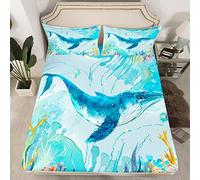 Juego de sábanas de Ballena, Ropa de Cama de Vida Marina, para niños, niñas, Criaturas subacuáticas, sábana Bajera Ajustable, Funda de Cama de Verano, Color Azul, 1 Juego de sábanas de tamaño individ