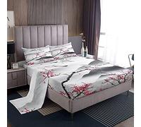 Juego de sábanas de flor de cerezo con patrón de grúa Hokusai, sábana bajera para niños, niñas, adolescentes, sábanas japonesas Ukiyoe, estilo japonés con 2 fundas de almohada, 4 piezas, tamaño King