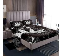 Juego de sábanas de marihuana para niños y niñas, juego de ropa de cama bohemio con hojas de cannabis, hojas de marihuana, hojas de maleza de luna, sábanas botánicas, color negro y blanco, juego de