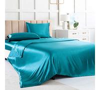 Juego de sábanas de satén de tamaño Completo, sábanas de Seda Verde Azulado, Juego de Ropa de Cama Suave de 4 Piezas con 1 Bolsillo Profundo, 1 sábana Plana, 2 Fundas de Almohada