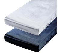 Juego de sábanas de satén Pack n Play, paquete de 2 sábanas bajeras de seda ultra suave para cuna, sábanas de corralito para proteger el cabello y la piel del bebé, gris y azul marino