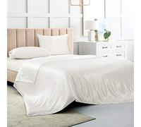 Juego de sábanas de satén tamaño matrimonial, sábanas de Seda Blanca, Juego de Ropa de Cama Suave de 4 Piezas con 1 sábana Bajera de Bolsillo Profundo, 1 sábana encimera y 2 Fundas de Almohada