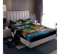 Juego de sábanas de tigre para niños, mujeres y hombres, juego de ropa de cama con estampado de león, leopardo y animales salvajes en 3D, juego de sábanas de palmera con bolsillo profundo, tamaño