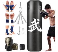 Juego de saco de boxeo sin relleno, 120 cm, piel de microfibra, saco de punching con guantes de boxeo de 12 oz, cadena de acero de 360° y gancho para techo, saco de arena pesado para artes marciales
