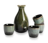 Juego de sake con taza y olla de vino, juego de cerámica para calentadores, incluye 1 olla grande y 4 tazas (negro y verde)