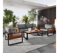 Juego de salón de jardín con marco de hierro galvanizado (juego ancho, juego de mesa de comedor de 4 piezas, sofá de 1 x 2 plazas, 2 sillas individuales, 1 mesa), reposabrazos decorativos de madera
