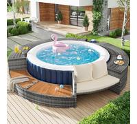 Juego de salón de jardín premium con sofá redondo, incluye cojín, ratán sintético resistente a la intemperie, espacio de almacenamiento y patas ajustables para terraza, piscina o jacuzzi (283 cm de