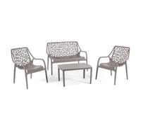 Juego de salón de jardín y exterior de polipropileno con fibra de vidrio de 4 plazas, sofá de dos plazas, 2 sillones y mesa, apilable, impermeable, diseño moderno - Set Maratea (pardo)