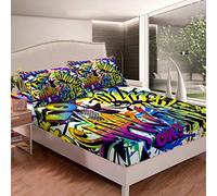 Juego de sanas de Estilo Hippie de Graffiti para Adolescentes Estilo Hip Hop Juego de Ropa de Cama para NIS y NIS Dise de Graffiti Sana Bajera Ajustable con temica de Cultura callejera y decoraci de