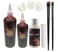 Juego de sangre falsa para Halloween, 30 ml de leche de látex, 3 pares de dientes de vampiro, 2 pinceles+60 ml, sangre fresca artificial, 30 ml, sangre de teatro rojo oscuro, sangre de Halloween