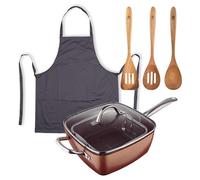 Juego de Sartén Cuadrada 24x24cm en aluminio prensado + 3 Utensilios de cocina de madera + Delantal gris 100% Algodón Optimum Copper Bergner