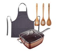 Juego de Sartén Cuadrada 24x24cm en aluminio prensado + 3 Utensilios de cocina de madera + Delantal gris 100% Algodón Optimum Copper Bergner