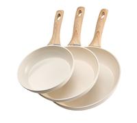 Juego de sartenes de aluminio de 3 piezas VEVOR, 7,87", 9,45" ,02", con mango, para usar, color beige.