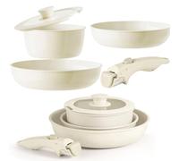 Juego de sartenes de cerámica Ruioomeep, 5 piezas, crema, 20 cm, 26 cm, 18 cm (2L), antiadherente, apto para horno, inducción y lavavajillas