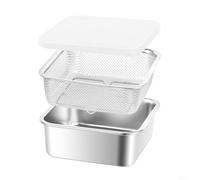 Juego de sartenes profundas de acero inoxidable con cesta de filtro y tapa, 3 recipientes de almacenamiento de cocina para refrigerador, bandeja de horno apta para lavavajillas (19 x 19 x 7,2 cm)