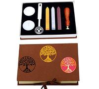 Juego de sellos de cera, ANBOSE Tree of Life Kit de sellado de cera que incluye 1 sello de cobre con mango de madera, 3 varillas de sello de cera, 1 cuchara de fusión y 2 velas blancas