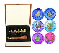 Juego de sellos de cera para plantas, juego de sellos de cera de Anbose, hojas de romero, hoja de lirio, helecho, corona botánica, sello de cera de 6 piezas, sello de cobre, 1 mango de madera