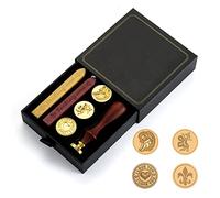 Juego de Sellos de Lacre, Kit de 4 sellos, 2 barras de cera dorada y roja, Mango de madera Palisandro. Caja Vintage para regalo, invitaciones, cartas o postales.