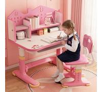 Juego de sillas de escritorio funcionales para niños, altura ajustable, escritorio de estudio y silla con respaldo de castillo, soporte de escritorio ampliado, cajón de almacenamiento, mesa de estudio