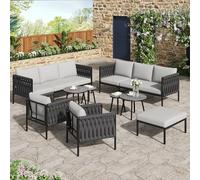Juego de sillas de jardín con cojines cómodos, 2 sofás de 3 plazas, 2 sillones, 4 mesas de café y un reposapiés, malla de cuerda gruesa, tablero de cristal mármol, acero galvanizado, gris