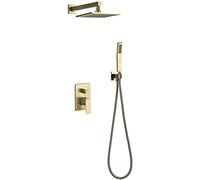 Juego de sistema de ducha con cabezal de ducha, manguera de ducha, kit de ducha de latón dorado cepillado, cabezal de ducha Rianfall, grifo de ducha montado en la pared (contiene grifo de cuerpo de