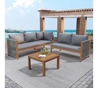 Juego de sofá y mesa de madera de acacia hecho a mano, diseño de cuerda tejida a mano, elegante mueble de exterior gris perfecto para patio y jardín