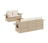 Juego de sofás de jardín de 6 piezas con cojines Béige poli ratán | Mesa plegable con resorte de gas, tapa de madera de acacia, fundas de cojín lavables, diseño modular, mantenimiento