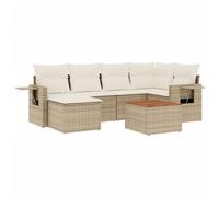 Juego de sofás de jardín de 7 piezas con cojines beige y poliratán | Poliratán duradero, fundas lavables, mesa de acacia, diseño modular, fácil mantenimiento