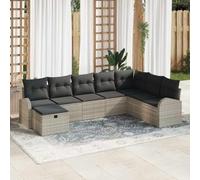 Juego de sofás de jardín modulares de 8 piezas con almohada, ratán sintético con madera de acacia, gris claro, compartimentos ocultos