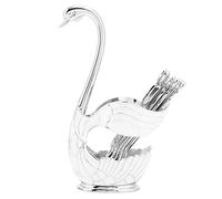 Juego de soporte para cuchara con base de cisne, soporte para postre, cuchara y tenedor, organizador de metal para café, fruta, postre, mezcla (Plata Blanco)