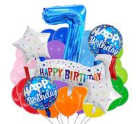 Juego de suministros azules para 7º cumpleaños, juego de decoración de 7 cumpleaños, colorido globo de feliz 7º cumpleaños para niñas, niños, adultos, suministros de fiesta, decoración de aniversario