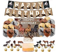 Juego de suministros de fiesta de cumpleaños de caballo con tema de caballo de feliz cumpleaños, pancarta de globo para tartas de cupcakes de fondo para decoración de fiesta de caballos