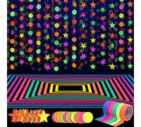 Juego de Suministros de Fiesta de neón de 120 pies, 6 Colores, Cinta reactiva de luz Negra UV de 198 pies, guirnaldas de Papel de neón de 29 pies, círculos y Estrellas, Decoraciones Colgantes para