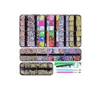 Juego de suministros para decoración de uñas con 9 variedades de diamantes de vidrio con formas y 4 implementos para diseños de manicura, cuentas de uñas de múltiples formas