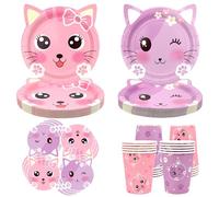 Juego de suministros para fiesta de cumpleaños de gatos, vajilla de gatito incluye platos, servilletas, tazas para decoración de fiesta de gatos para niños, sirve para 20 invitados (estilo A)
