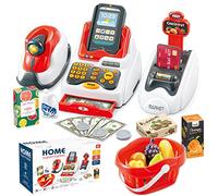 Juego de Supermercado Juguete de Tienda Simulación con Caja Registradora Lector de Tarjetas Escáner de Productos y Modelo Comidas Frutas 33pcs Juguete de Rol Funcional de Educativo Temprano para Niños