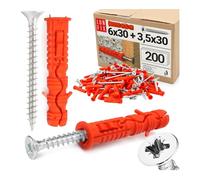 Juego de tacos 6 x 30 con tornillos de 3,5 x 30 mm, 200 unidades, tacos de impacto y tacos universales para hormigón, ladrillo, bloques huecos, juego de tacos con tornillos de cabeza avellanada, Lun
