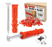 Juego de tacos 8 x 40 con tornillos 4 x 40 mm - 100 unidades, tacos de impacto y tacos universales para hormigón, ladrillo, bloques huecos, juego de tacos con tornillos de cabeza avellanada, Lun Fix