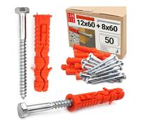 Juego de tacos de 12 x 60 mm con tornillos hexagonales 8 x 60 mm - 50 unidades, tacos de impacto y tacos para cargas pesadas para hormigón, ladrillo, bloques huecos, nailon y galvanizado, compatible