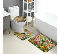 Juego de tapetes de baño de 3 piezas, diseño de pájaros coloridos, absorbentes, antideslizantes, en forma de U, lavables, de franela de secado rápido
