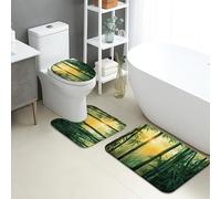 Juego de tapetes de baño de bambú de 3 piezas, hojas verdes naturales, absorbentes, antideslizantes, en forma de U, lavables, de franela de secado rápido, diseño floral primaveral