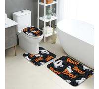 Juego de tapetes de baño de Halloween de 3 piezas, diseño de fantasmas espeluznantes Boo antideslizantes, en forma de U, lavable, divertido diseño web de secado rápido, juego de alfombras de baño de