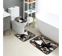 Juego de tapetes de baño de Halloween de 3 piezas, fantasmas espeluznantes y murciélagos, absorbentes, antideslizantes, en forma de U, lavables, de franela de secado rápido, diseño floral otoñal