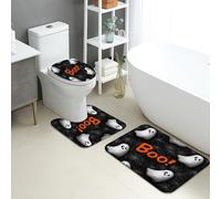 Juego de tapetes de baño de Halloween de 3 piezas, fantasmas espeluznantes y telarañas, absorbentes, antideslizantes, en forma de U, lavable, divertido juego de alfombras de baño de franela de secado